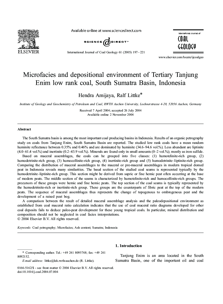 Microfacies and depositional environment of Tertiary Tanjung Enim low rank coal, South Sumatra Basin, Indonesia