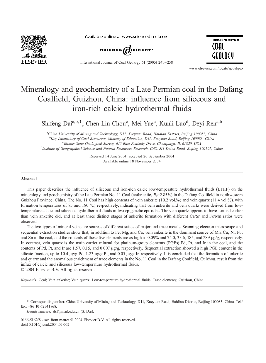 Mineralogy and geochemistry of a Late Permian coal in the Dafang Coalfield, Guizhou, China: influence from siliceous and iron-rich calcic hydrothermal fluids