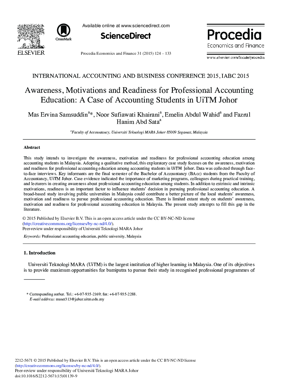 Awareness, Motivations and Readiness for Professional Accounting Education: A Case of Accounting Students in UiTM Johor 