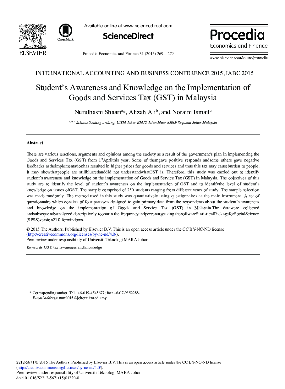 عکس صفحه اول مقاله: Student's Awareness and Knowledge on the Implementation of Goods and Services Tax (GST) in Malaysia Student's Awareness and Knowledge on the Implementation of Goods and Services Tax (GST) in Malaysia