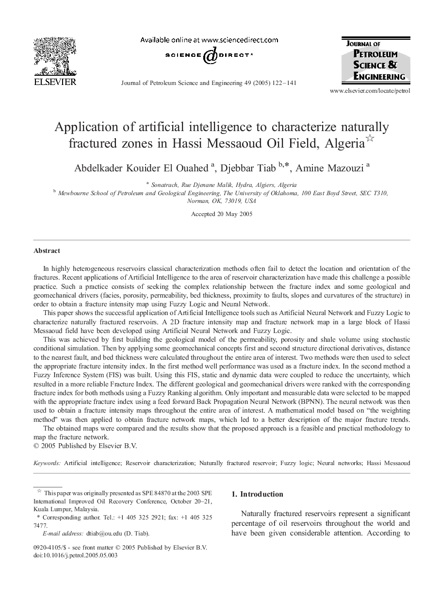 Application of artificial intelligence to characterize naturally fractured zones in Hassi Messaoud Oil Field, Algeria