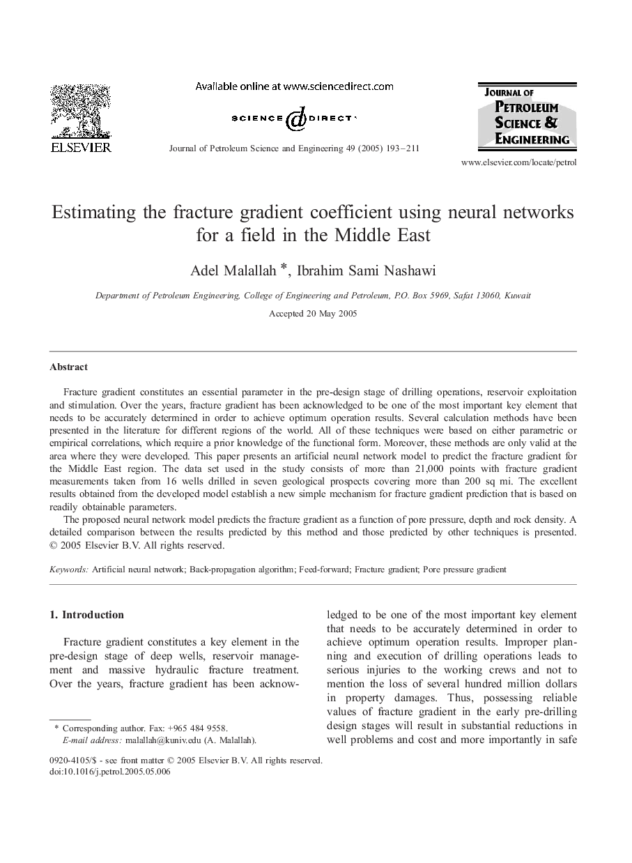 Estimating the fracture gradient coefficient using neural networks for a field in the Middle East