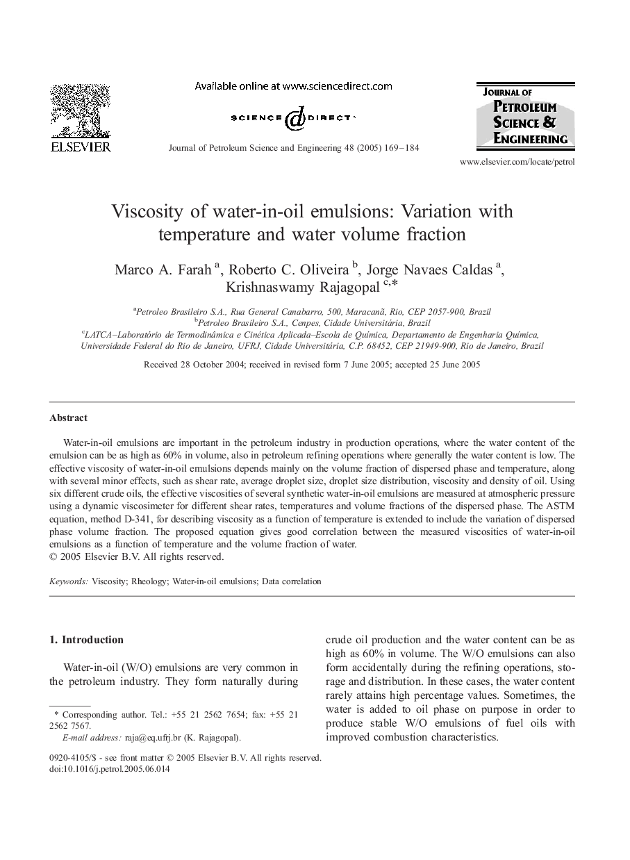 Viscosity of water-in-oil emulsions: Variation with temperature and water volume fraction