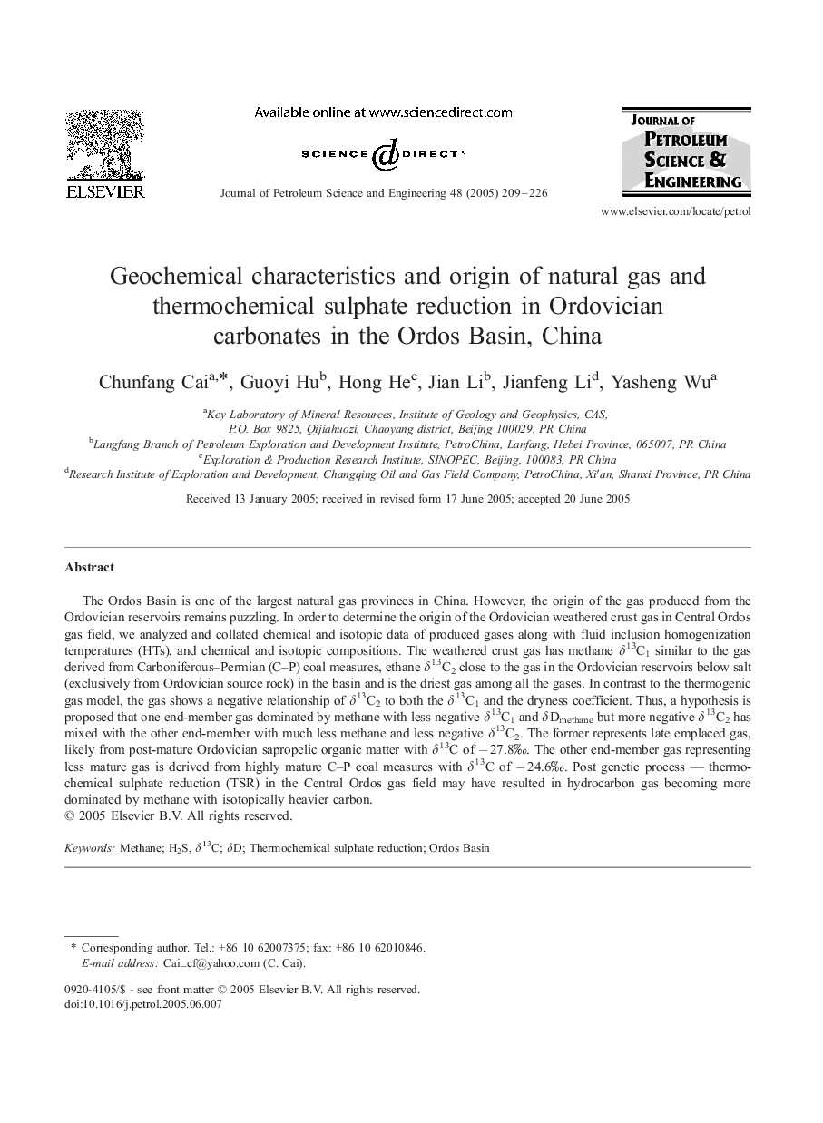 Geochemical characteristics and origin of natural gas and thermochemical sulphate reduction in Ordovician carbonates in the Ordos Basin, China