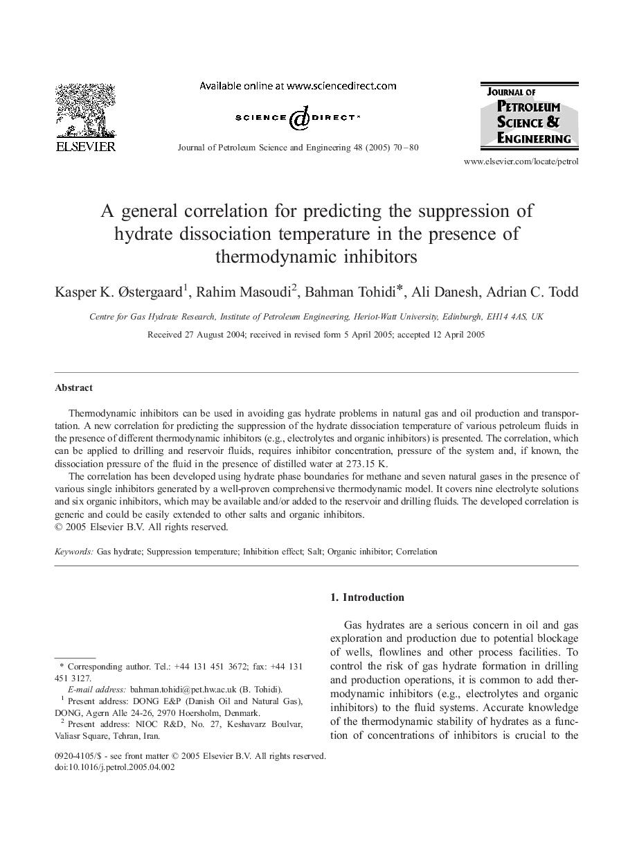 A general correlation for predicting the suppression of hydrate dissociation temperature in the presence of thermodynamic inhibitors