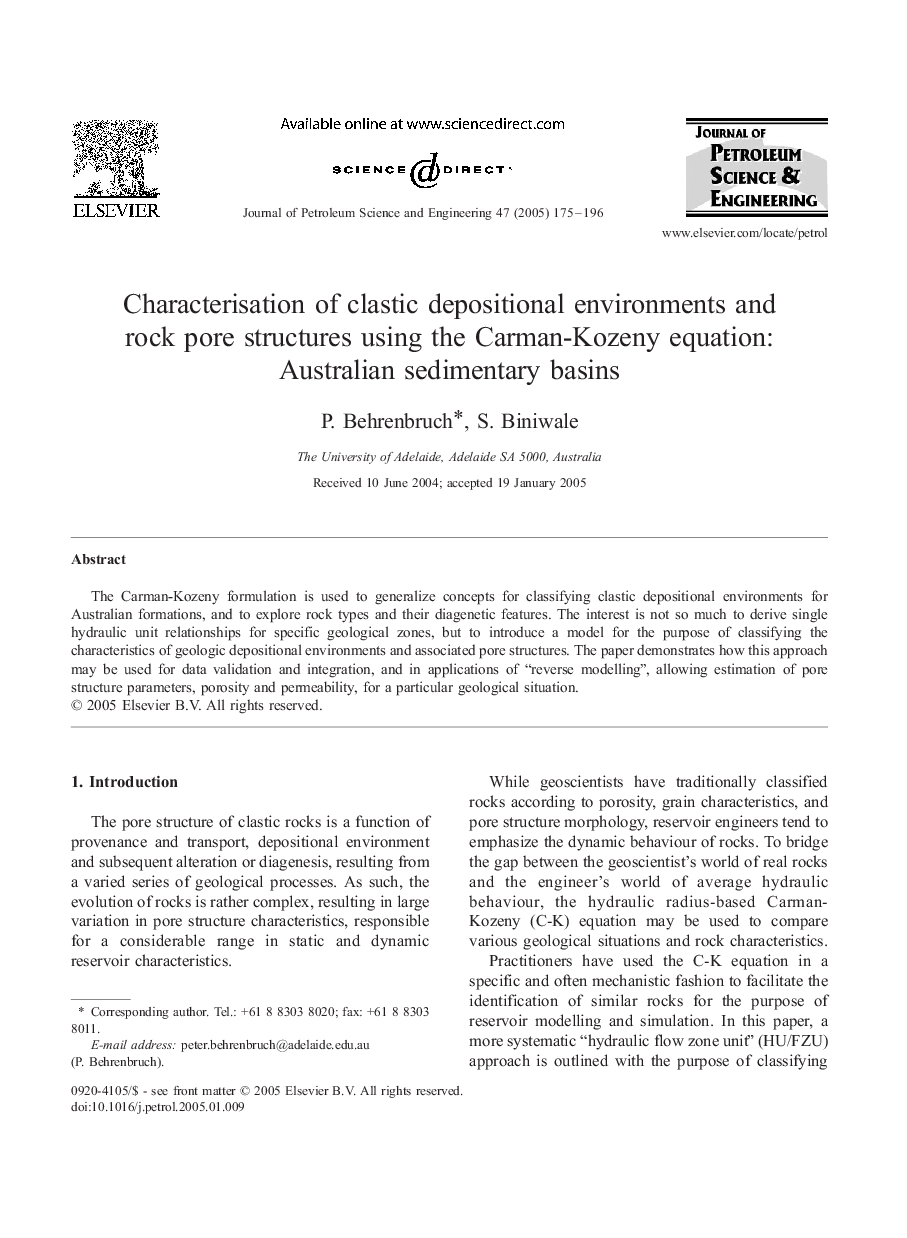 Characterisation of clastic depositional environments and rock pore structures using the Carman-Kozeny equation: Australian sedimentary basins