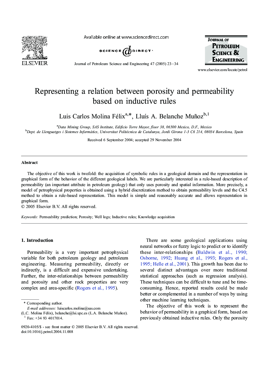 Representing a relation between porosity and permeability based on inductive rules