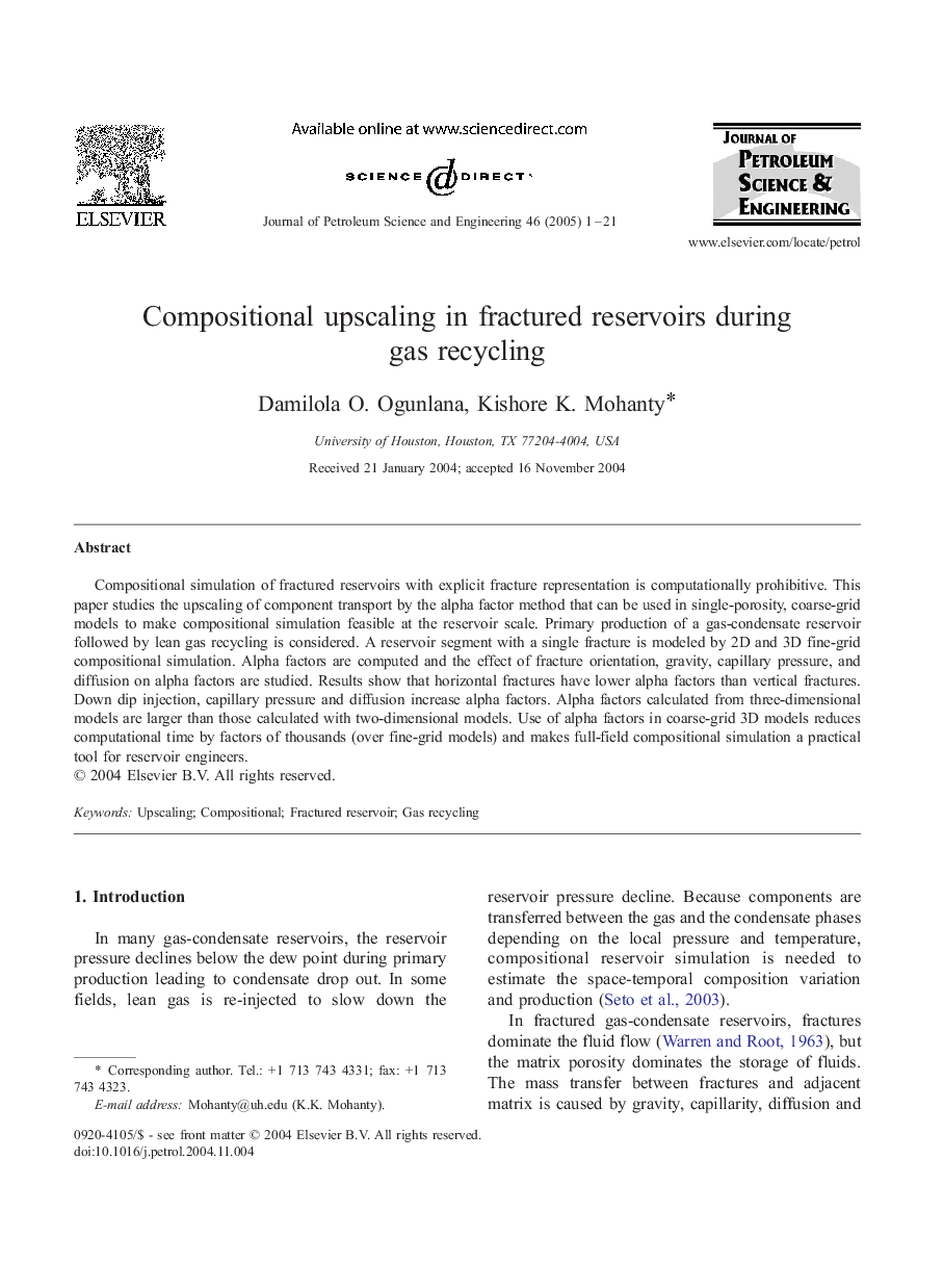 Compositional upscaling in fractured reservoirs during gas recycling