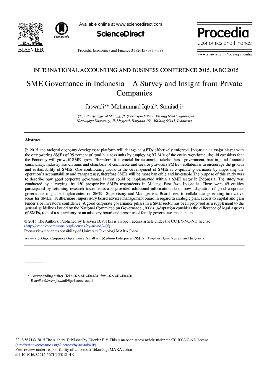 عکس صفحه اول مقاله: SME Governance in Indonesia – A Survey and Insight from Private Companies SME Governance in Indonesia – A Survey and Insight from Private Companies