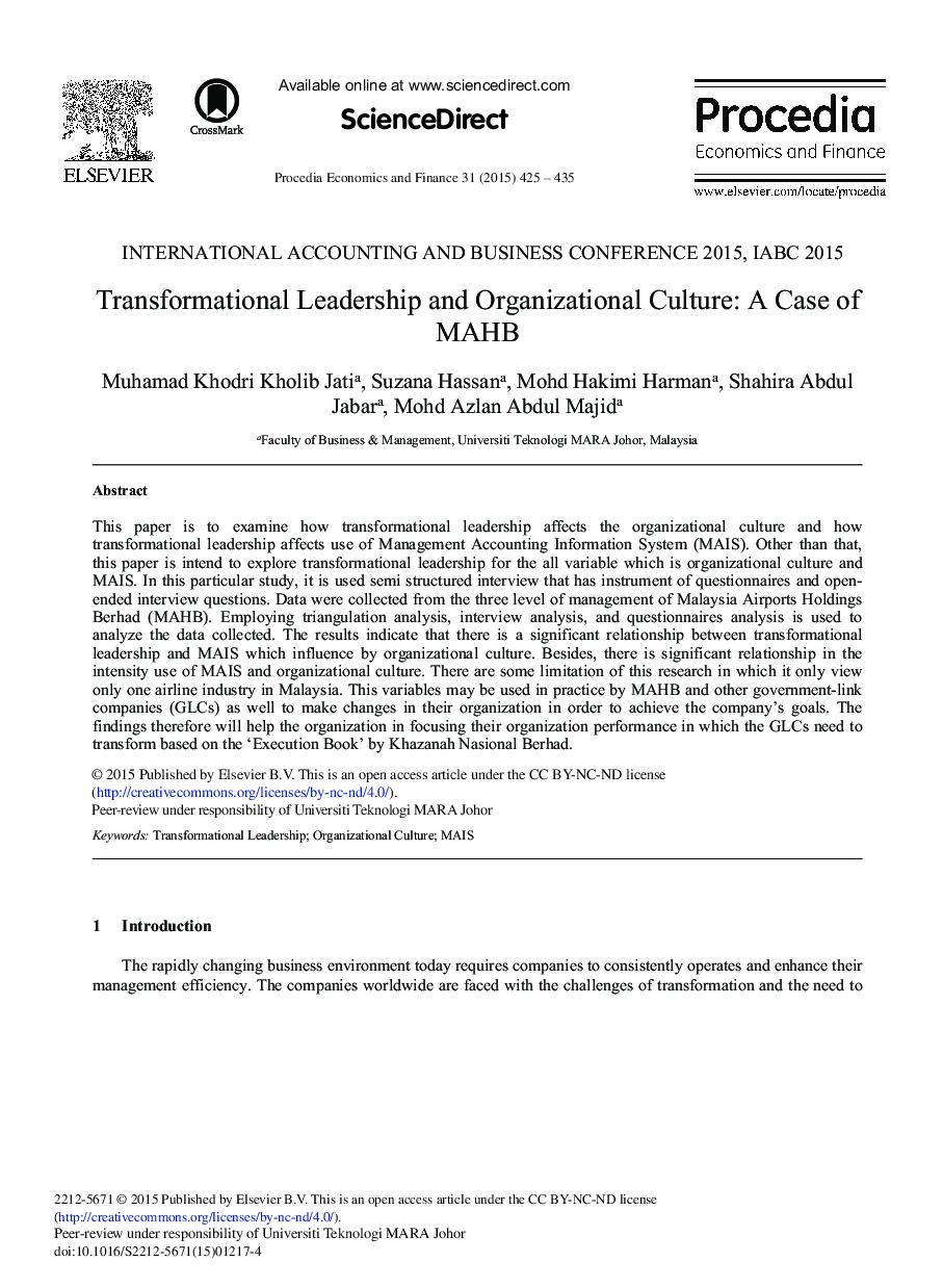 Transformational Leadership and Organizational Culture: A Case of MAHB 