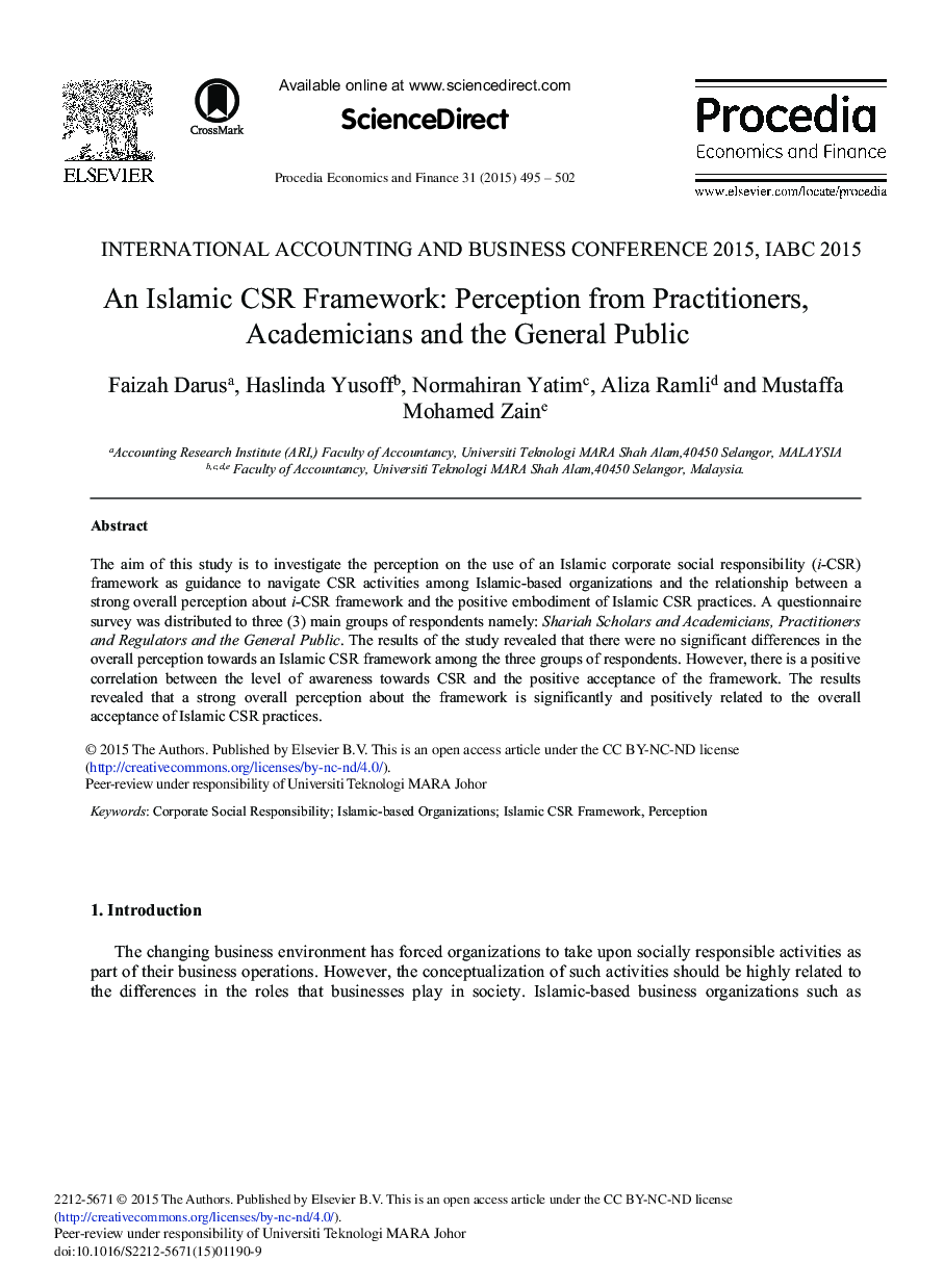 عکس صفحه اول مقاله: An Islamic CSR Framework: Perception from Practitioners, Academicians and the General Public An Islamic CSR Framework: Perception from Practitioners, Academicians and the General Public