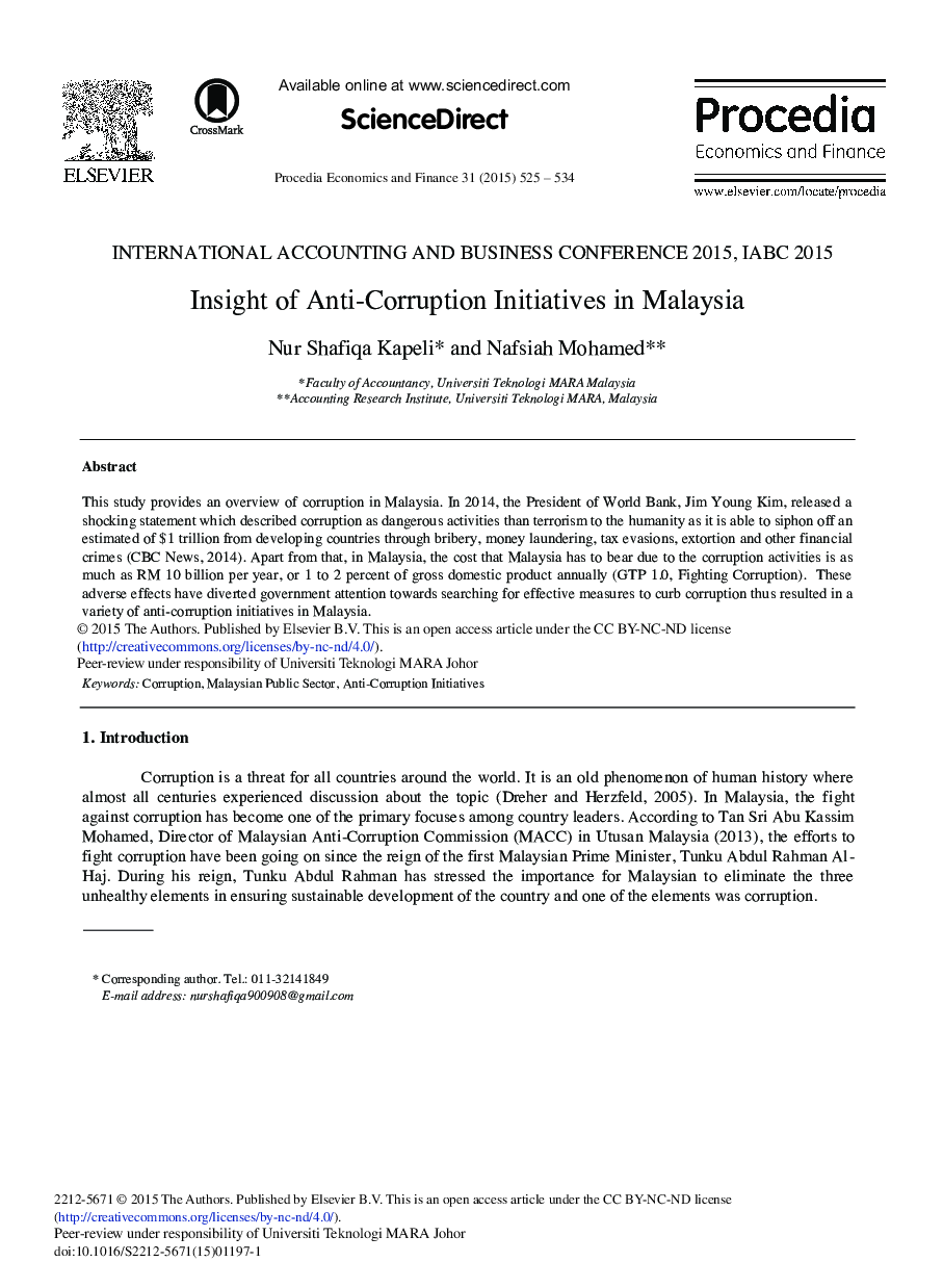 Insight of Anti-Corruption Initiatives in Malaysia 