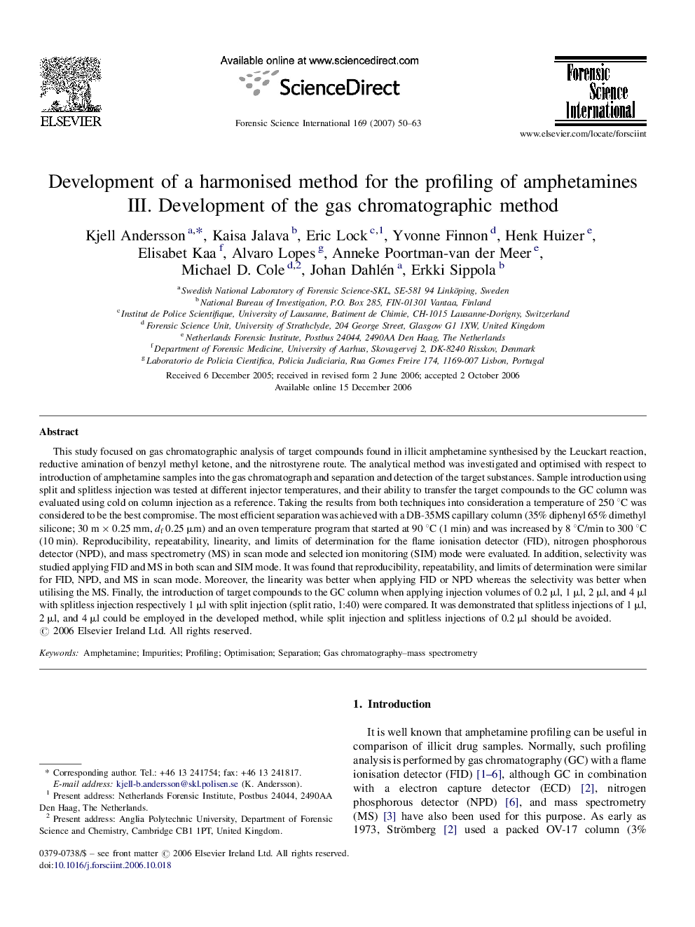 Development of a harmonised method for the profiling of amphetamines: III. Development of the gas chromatographic method