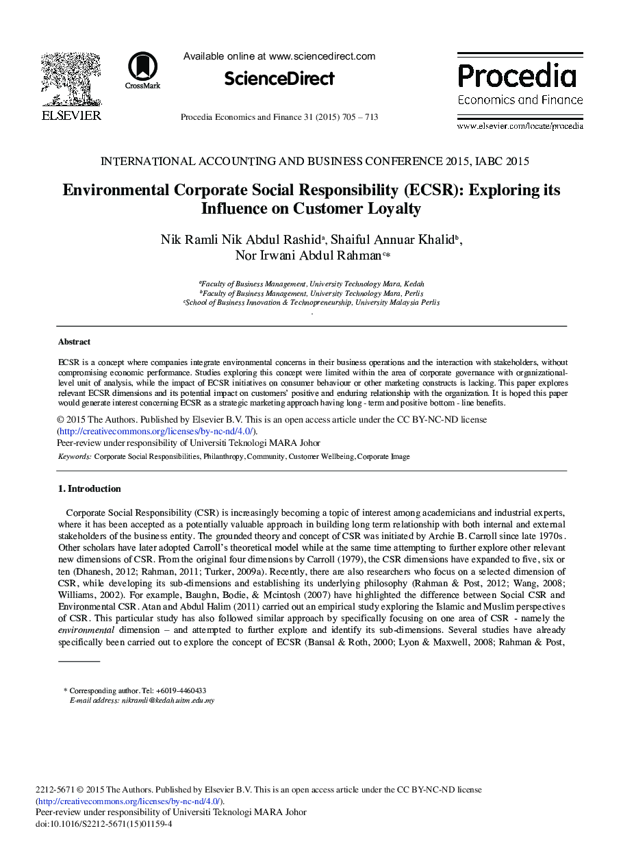 عکس صفحه اول مقاله: Environmental Corporate Social Responsibility (ECSR): Exploring its Influence on Customer Loyalty Environmental Corporate Social Responsibility (ECSR): Exploring its Influence on Customer Loyalty