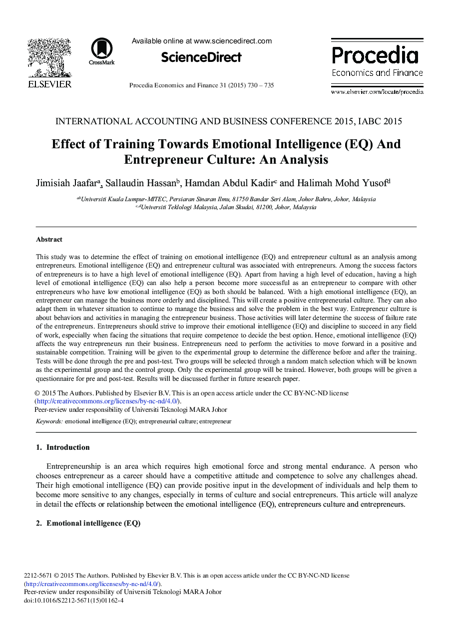 Effect of Training towards Emotional Intelligence (EQ) and Entrepreneur Culture: An Analysis 
