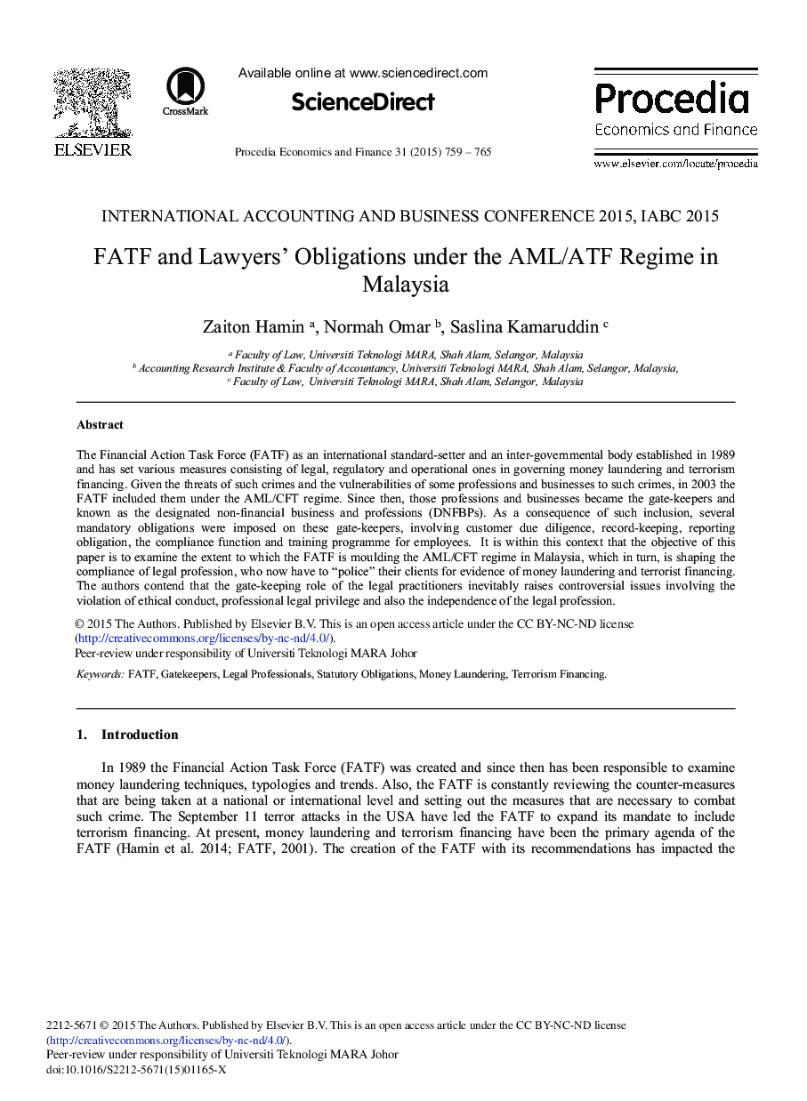 عکس صفحه اول مقاله: FATF and Lawyers’ Obligations under the AML/ATF Regime in Malaysia FATF and Lawyers’ Obligations under the AML/ATF Regime in Malaysia