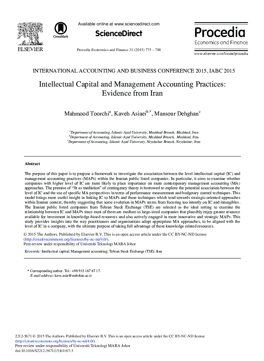 Intellectual Capital and Management Accounting Practices: Evidence from Iran 