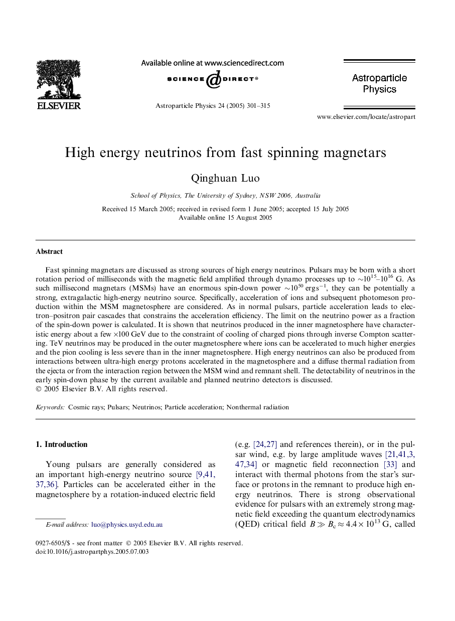 High energy neutrinos from fast spinning magnetars