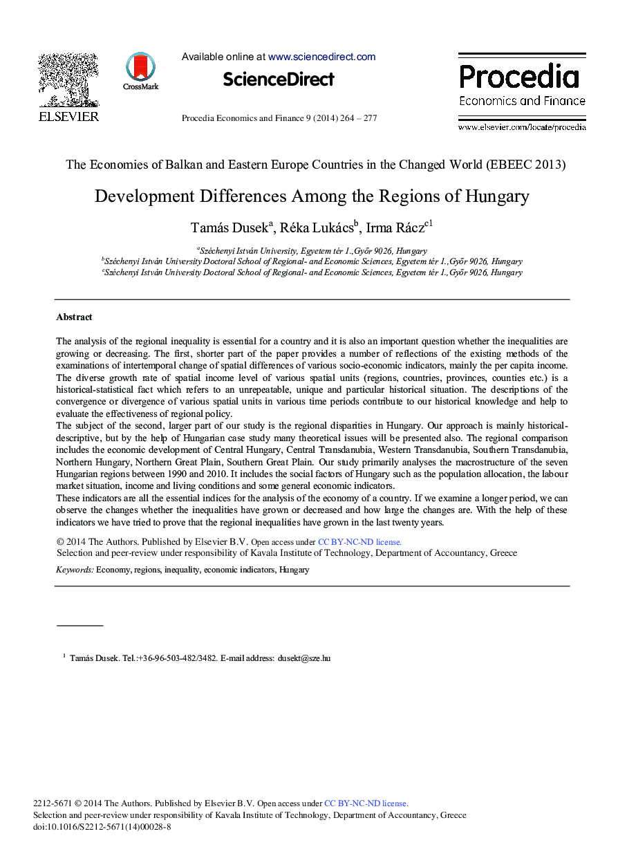 عکس صفحه اول مقاله: Development Differences among the Regions of Hungary Development Differences among the Regions of Hungary