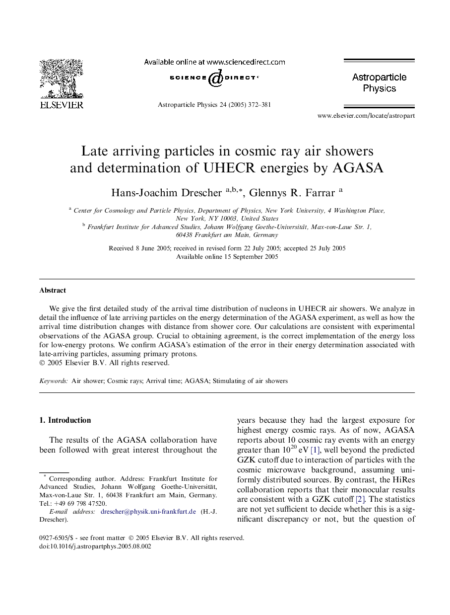 Late arriving particles in cosmic ray air showers and determination of UHECR energies by AGASA