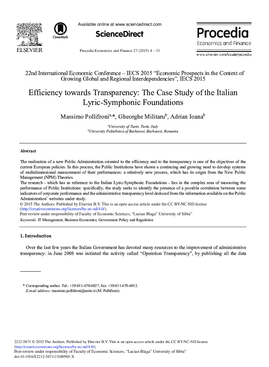 Efficiency Towards Transparency: The Case Study of the Italian Lyric-symphonic Foundations 