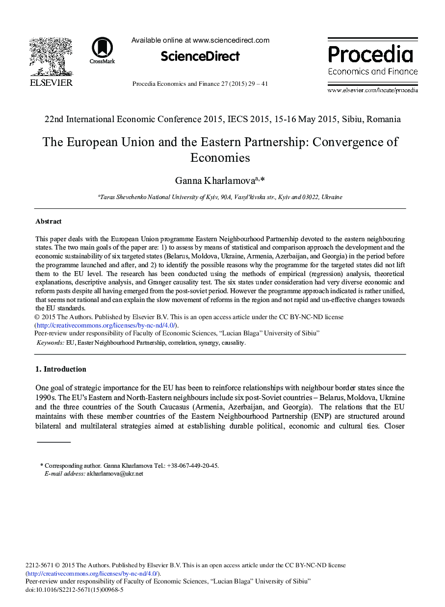 The European Union and the Eastern Partnership: Convergence of Economies 
