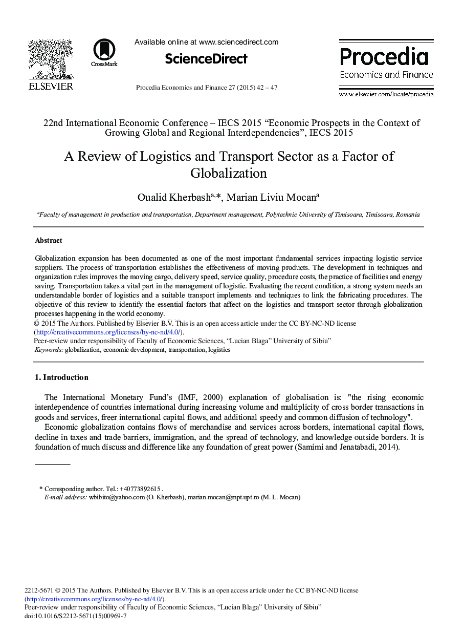 A Review of Logistics and Transport Sector as a Factor of Globalization 