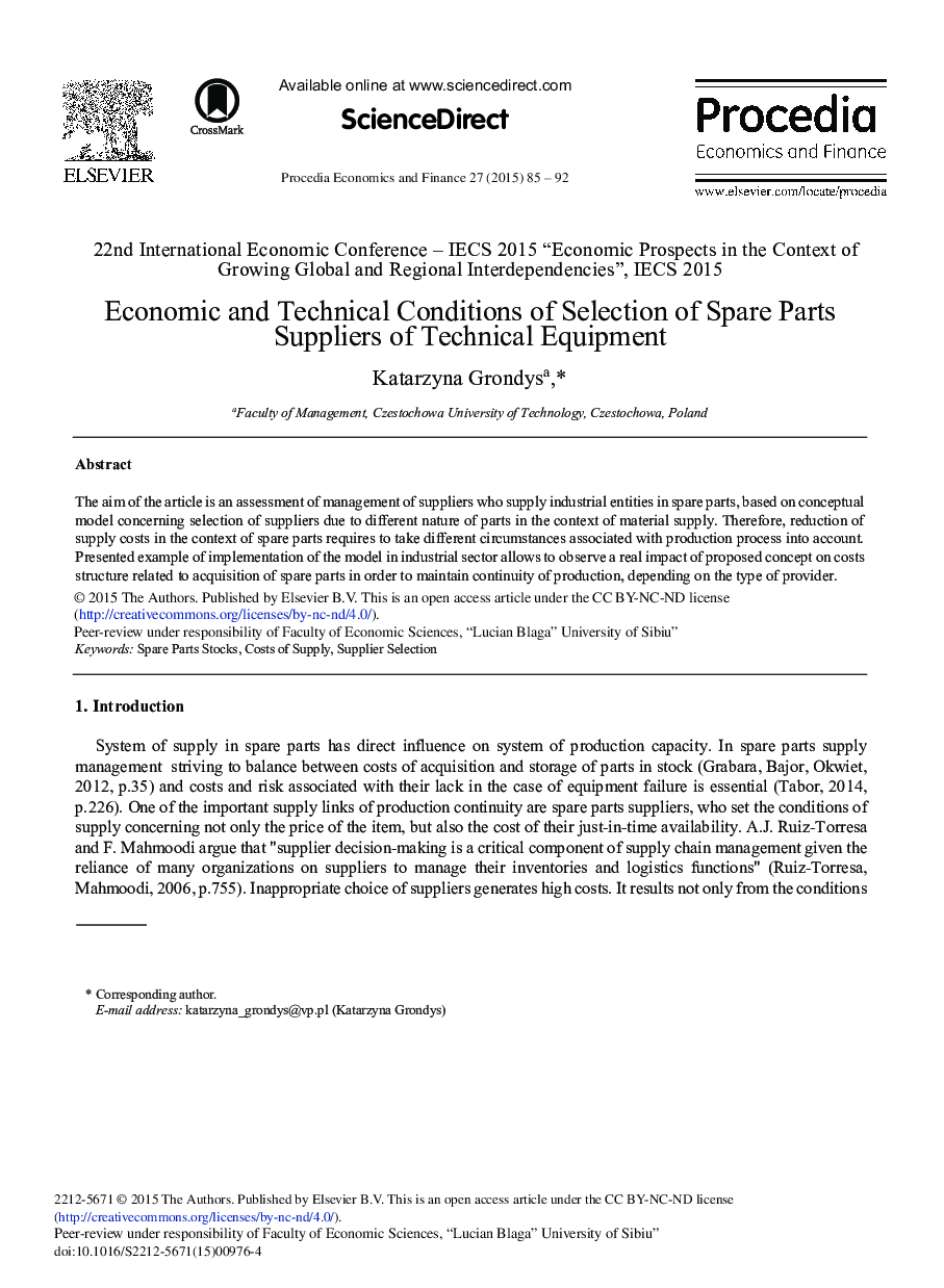 Economic and Technical Conditions of Selection of Spare Parts Suppliers of Technical Equipment 