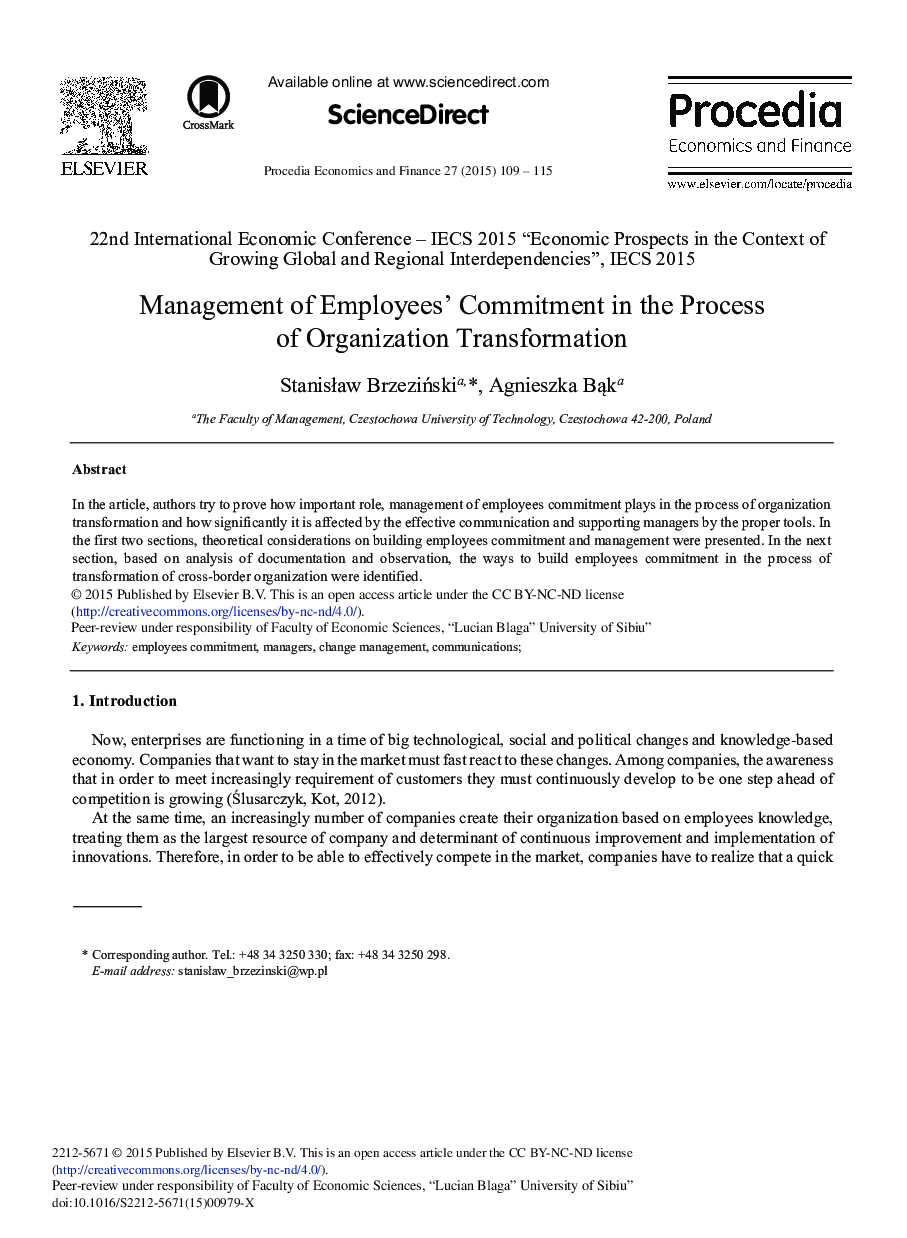 Management of Employees’ Commitment in the Process of Organization Transformation 