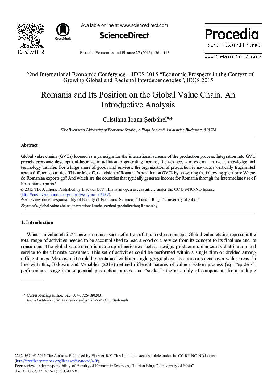 Romania and its Position on the Global Value Chain. An Introductive Analysis 