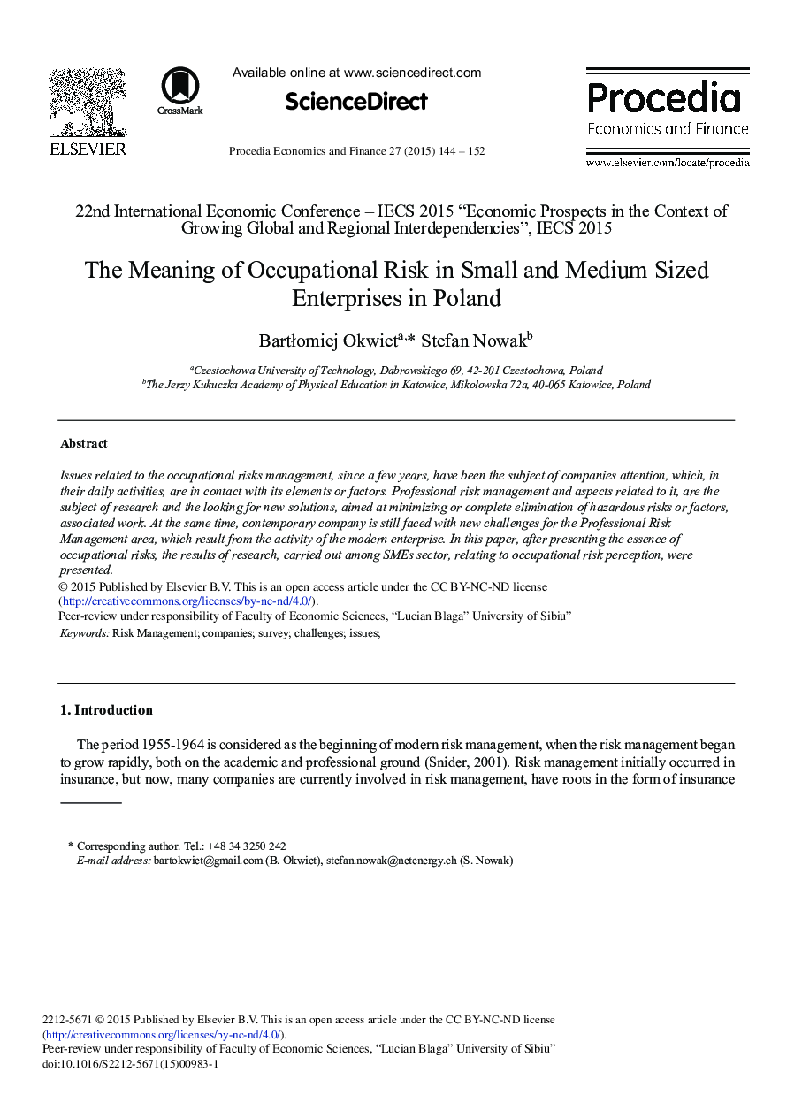 The Meaning of Occupational Risk in Small and Medium Sized Enterprises in Poland 