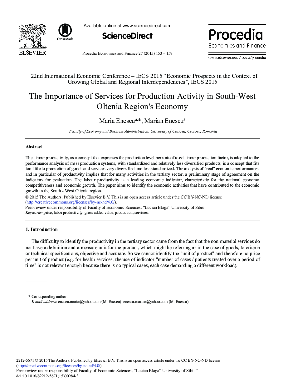 The Importance of Services for Production Activity in South-West Oltenia Region's Economy 