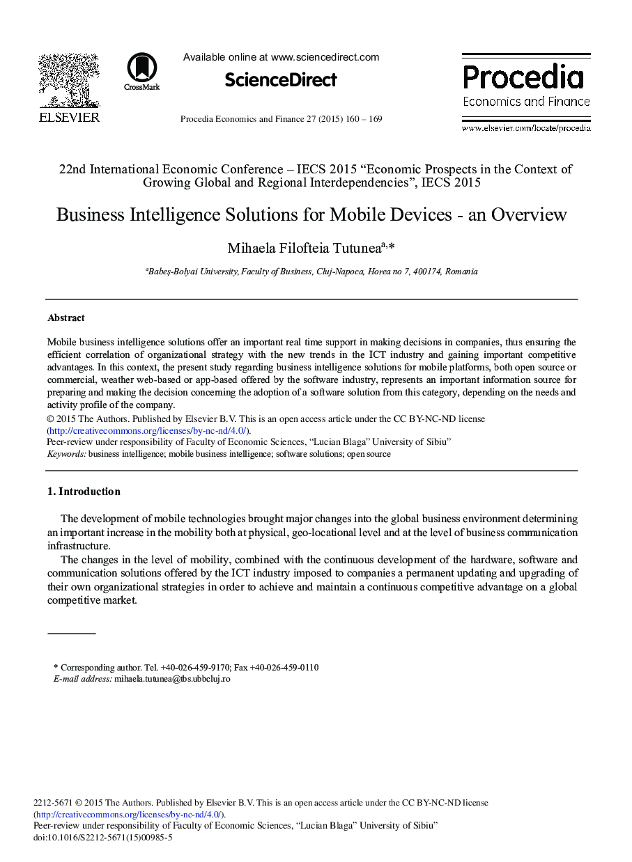Business Intelligence Solutions for Mobile Devices – An Overview 