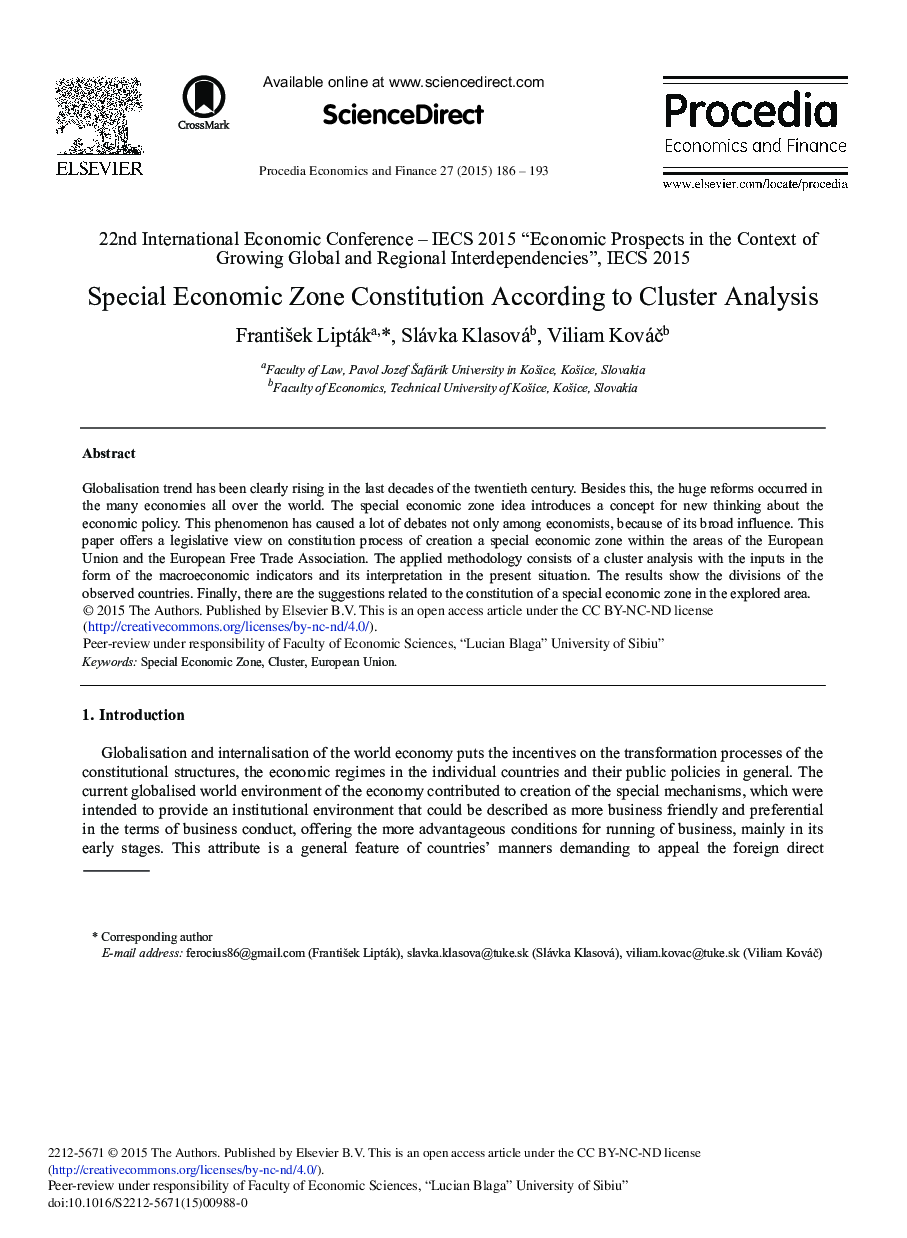 Special Economic Zone Constitution According to Cluster Analysis 