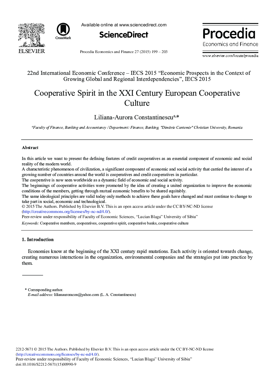 Cooperative Spirit in the XXI Century European Cooperative Culture 