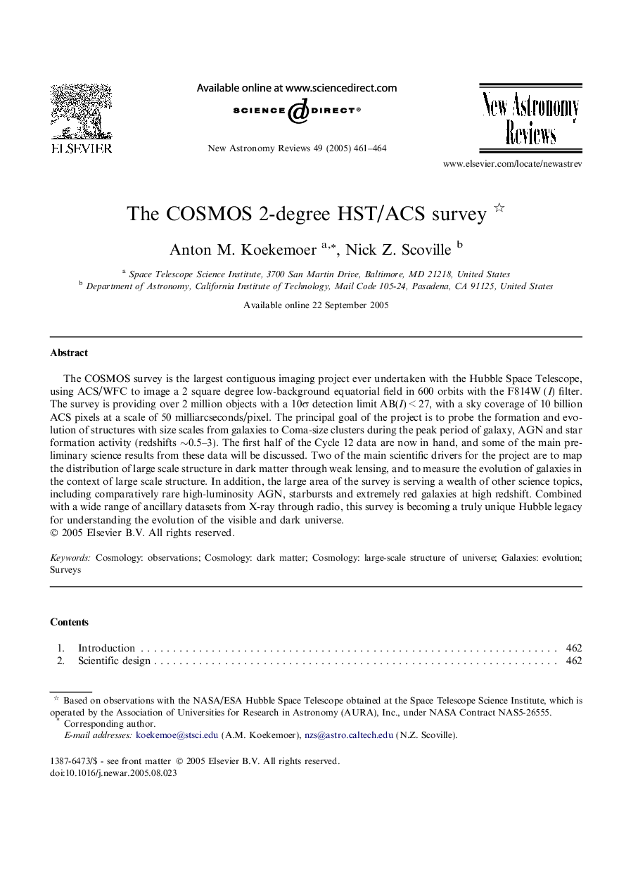 The COSMOS 2-degree HST/ACS survey