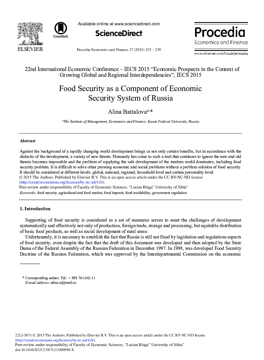 Food Security as a Component of Economic Security System of Russia 