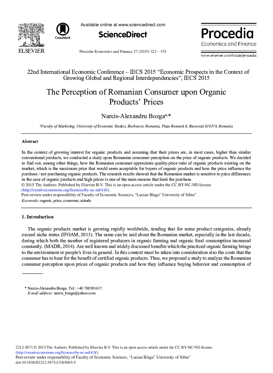 The Perception of Romanian Consumer upon Organic Products’ Prices 