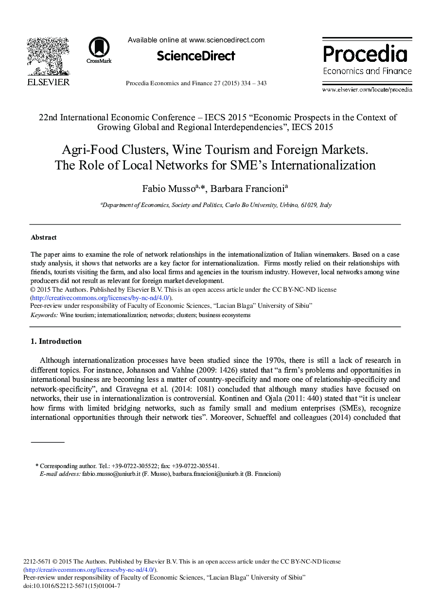Agri-Food Clusters, Wine Tourism and Foreign Markets. The Role of Local Networks for SME's Internationalization 