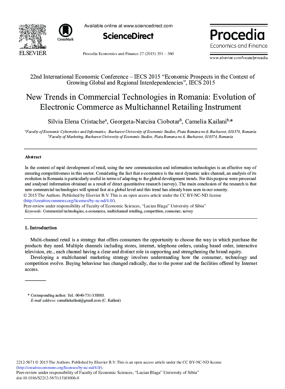 New Trends in Commercial Technologies in Romania: Evolution of Electronic Commerce as Multichannel Retailing Instrument 