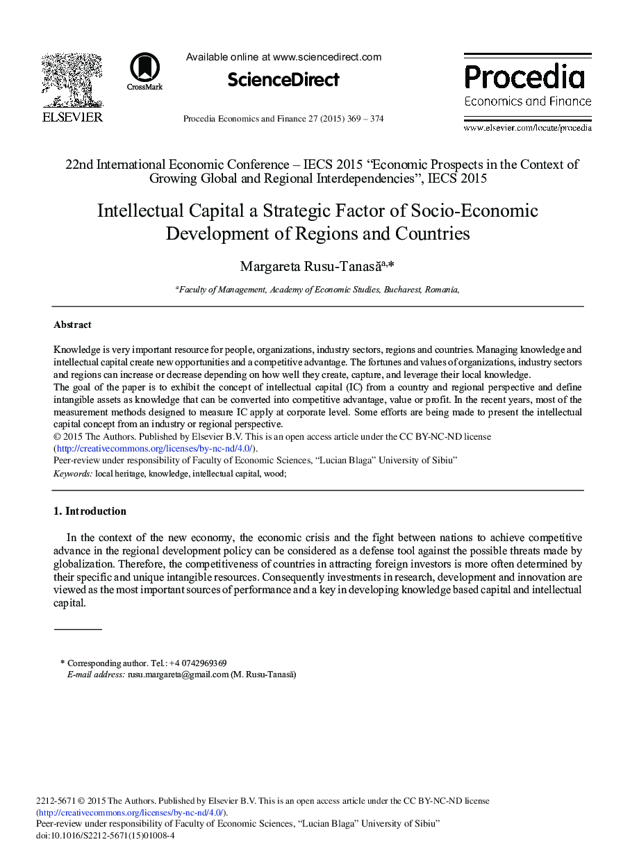 Intellectual Capital a Strategic Factor of Socio-Economic Development of Regions and Countries 