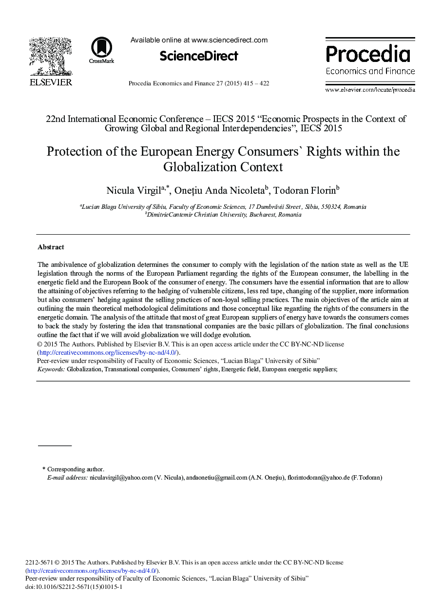 Protection of the European Energy Consumers’ Rights within the Globalization Context 