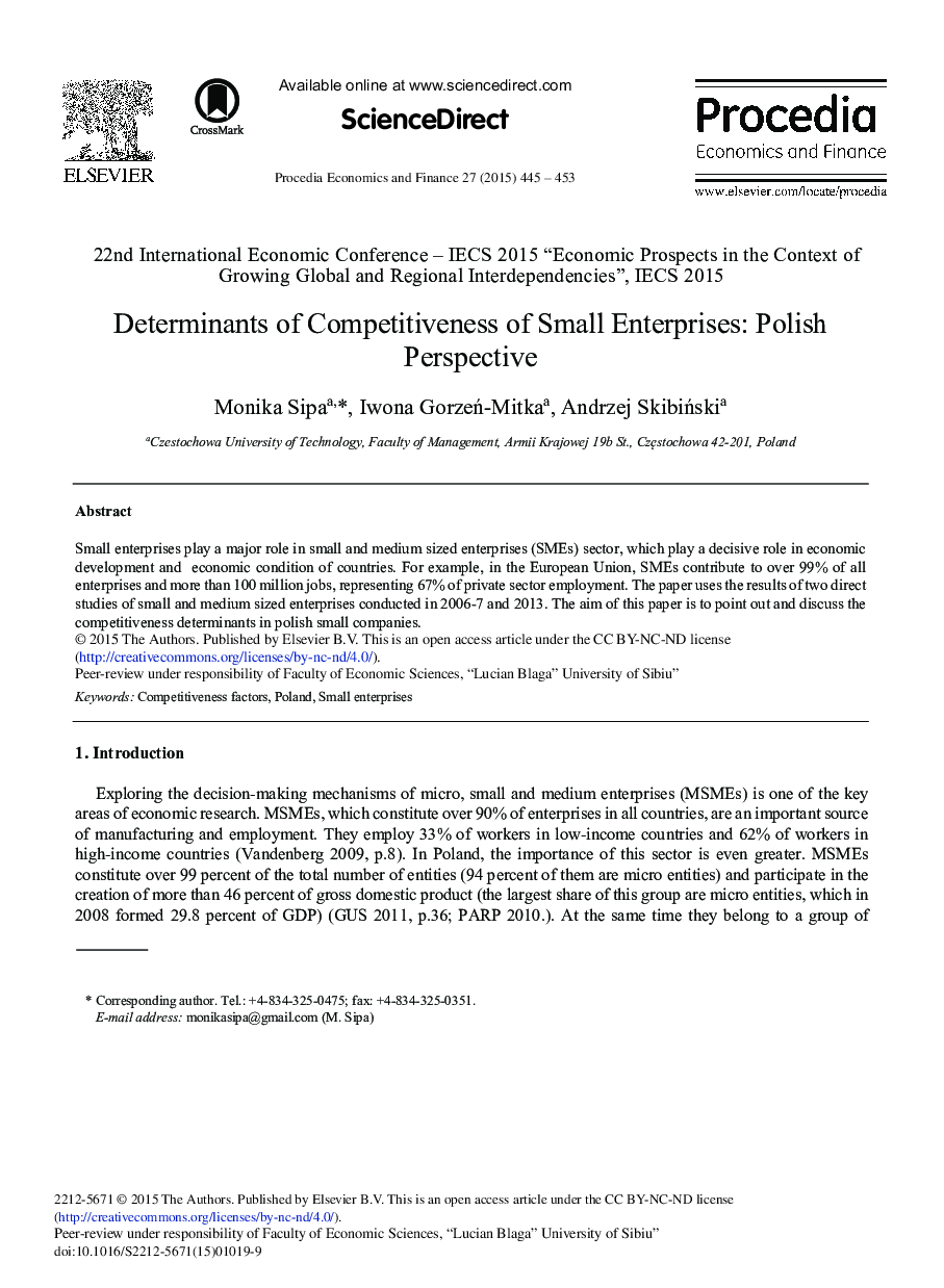 Determinants of Competitiveness of Small Enterprises: Polish Perspective 