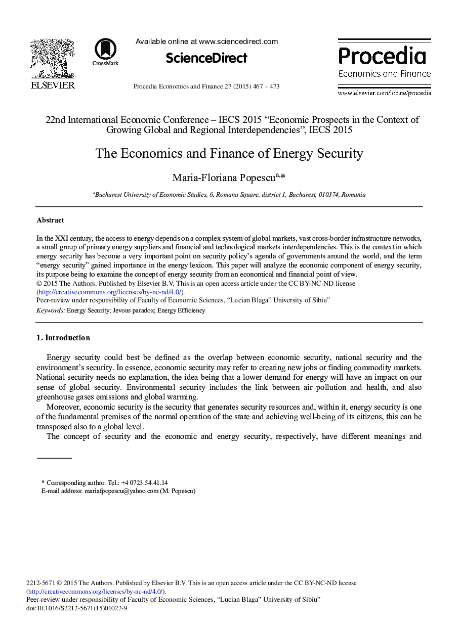 The Economics and Finance of Energy Security 