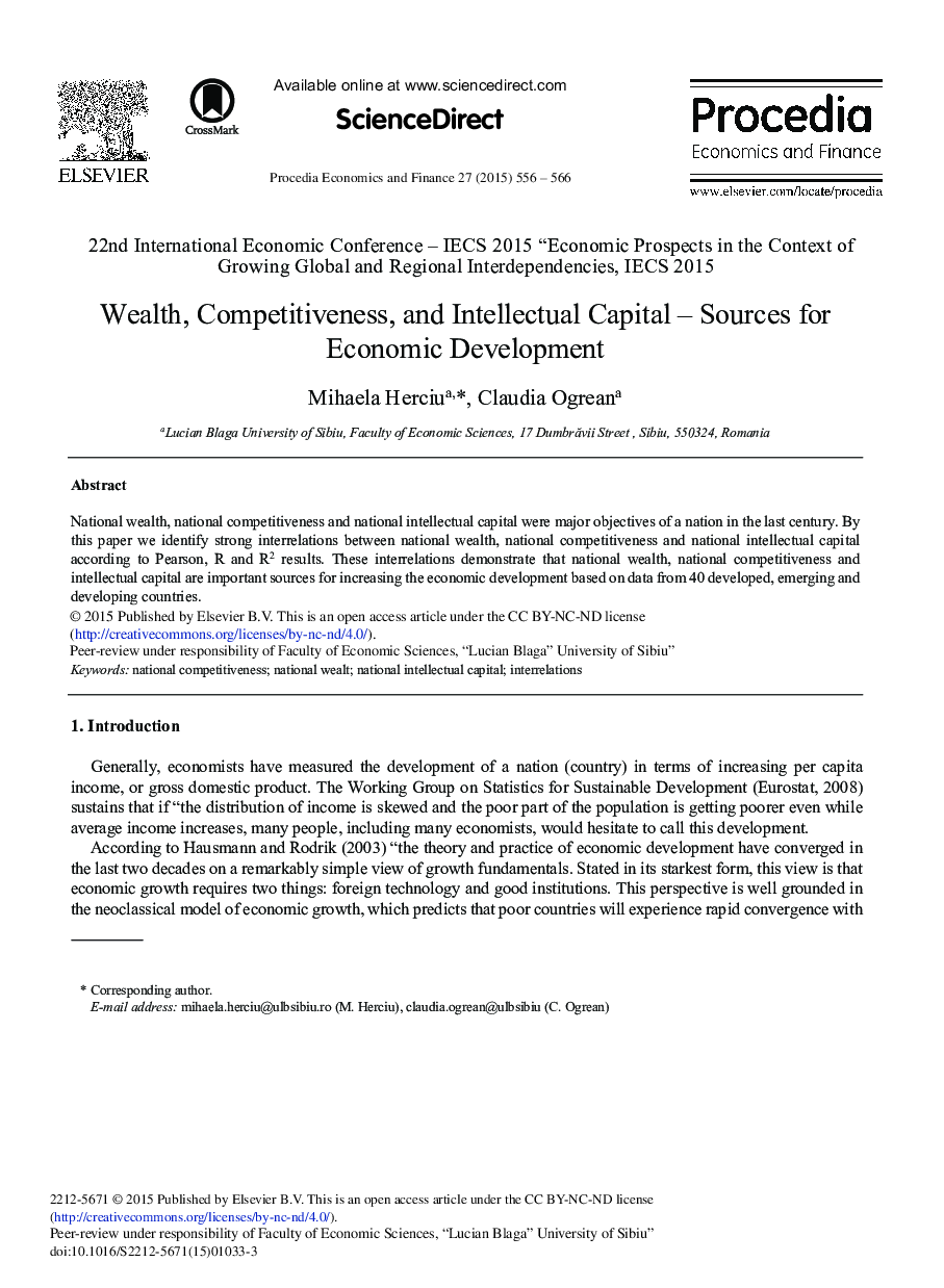 Wealth, Competitiveness, and Intellectual Capital – Sources for Economic Development 