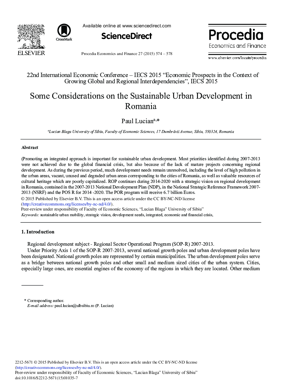 Some Considerations on the Sustainable Urban Development in Romania 