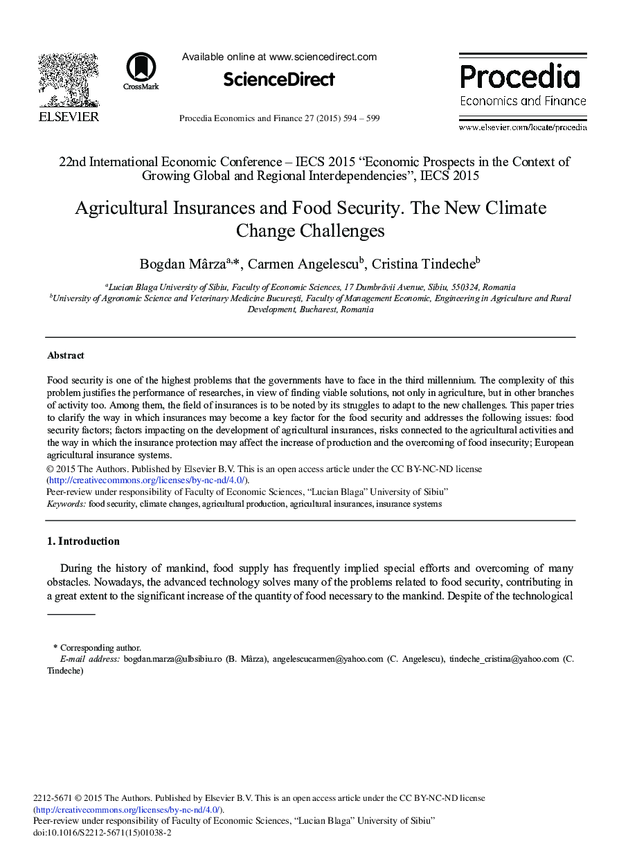 Agricultural Insurances and Food Security. The New Climate Change Challenges 