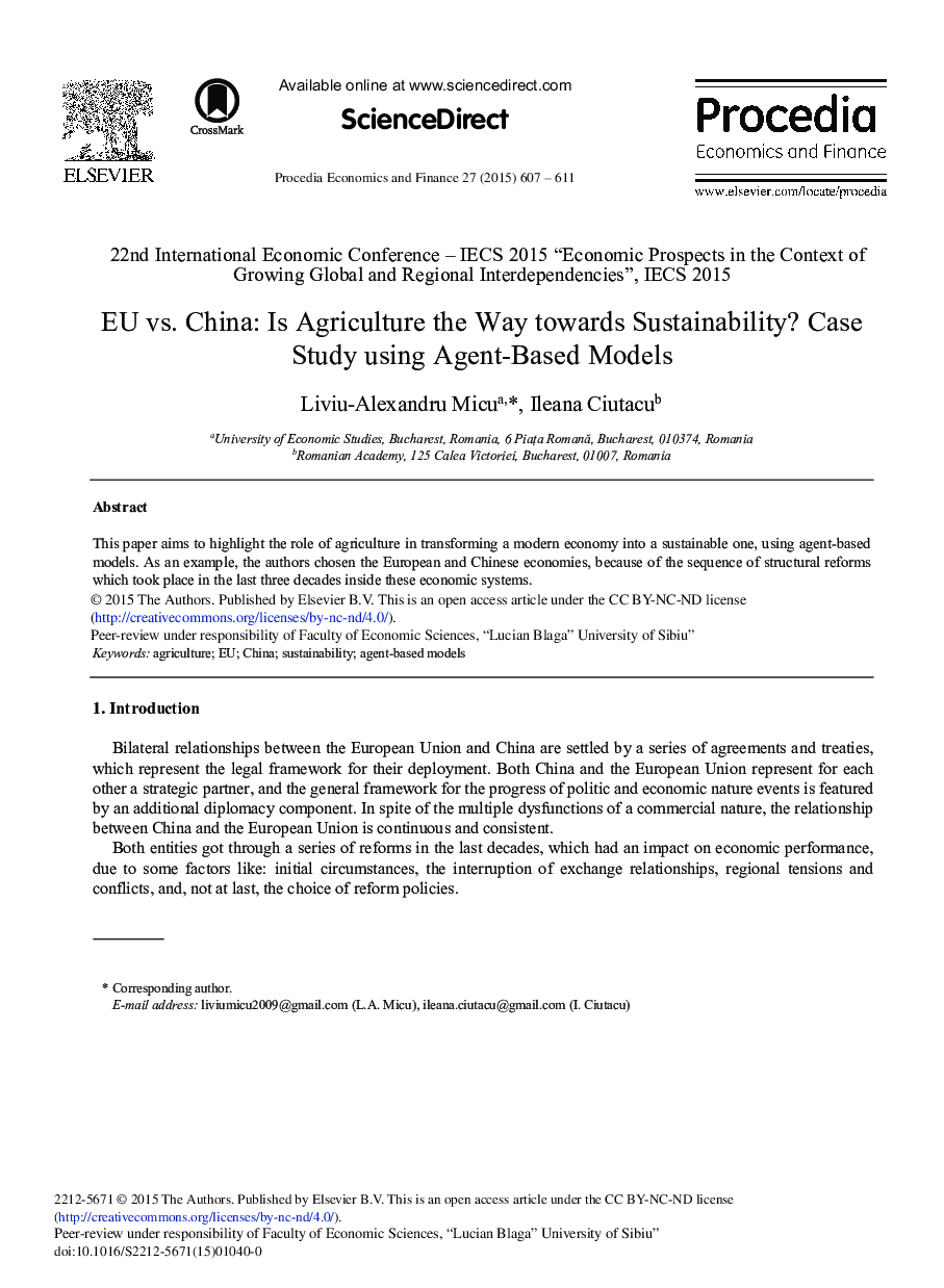 EU Vs. China: Is Agriculture the Way towards Sustainability? Case Study Using Agent-based Models 