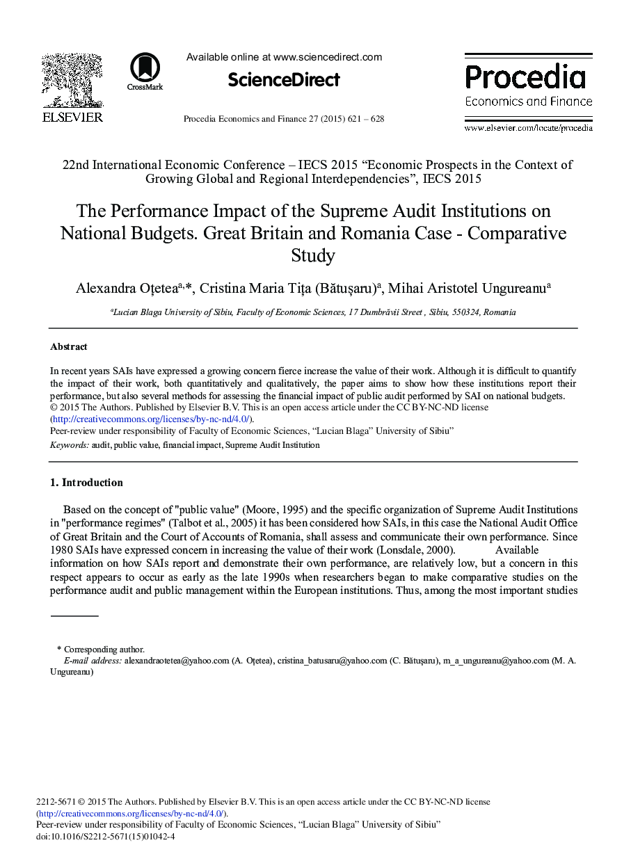 The Performance Impact of the Supreme Audit Institutions on National Budgets. Great Britain and Romania Case – Comparative Study 