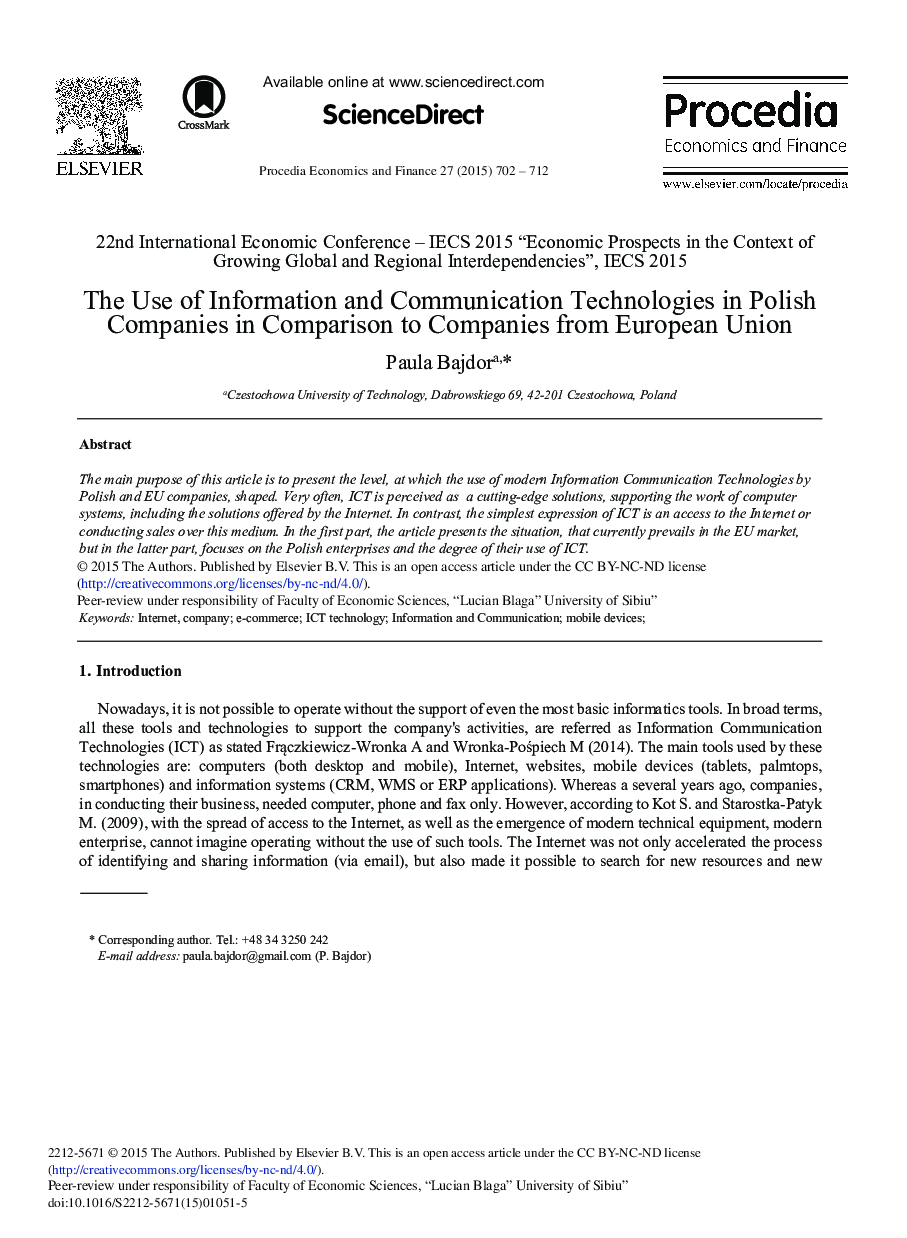 The Use of Information and Communication Technologies in Polish Companies in Comparison to Companies from European Union 